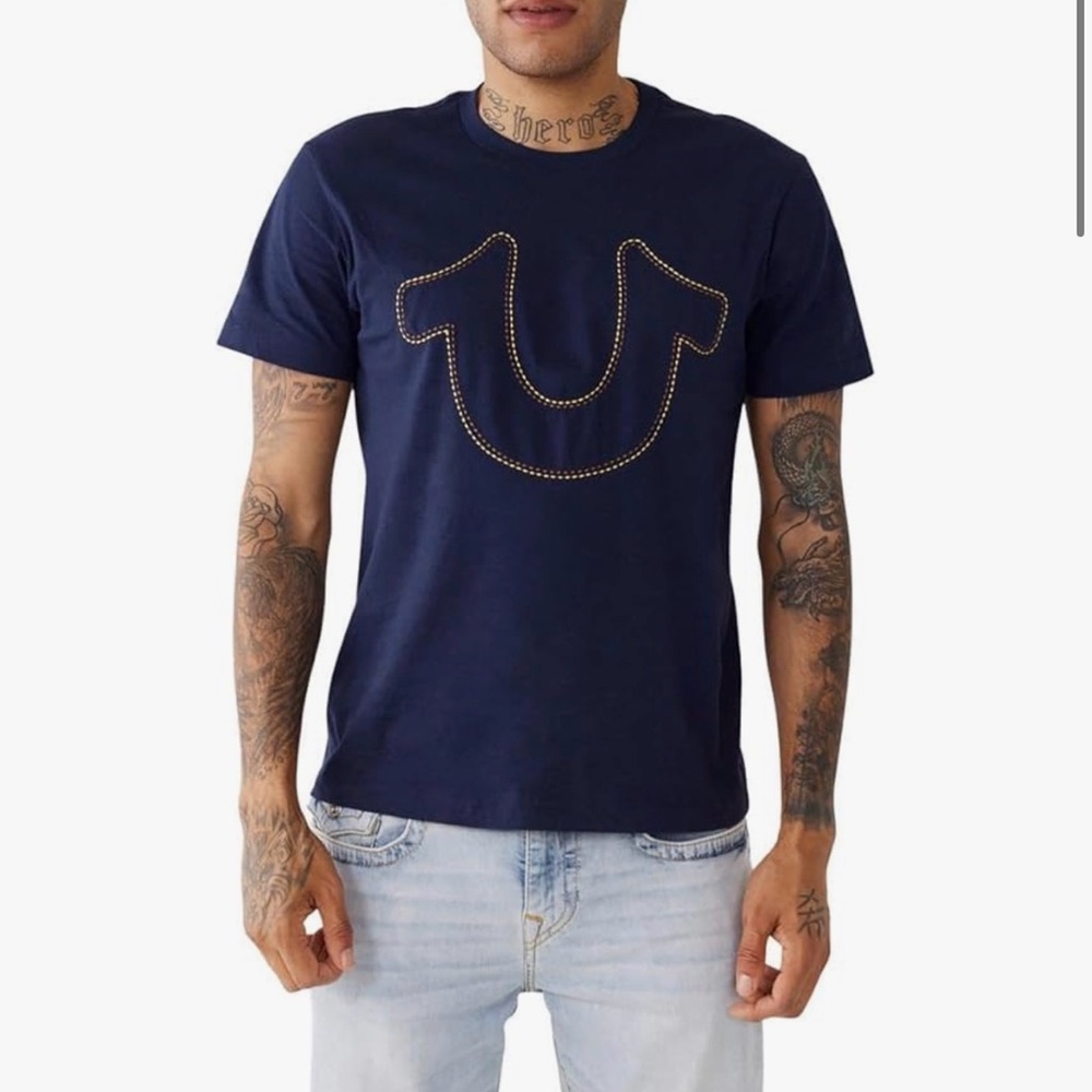 True Religion Men's Dark Blue Tee with Logo